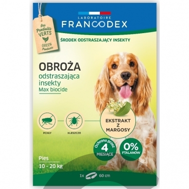 Francodex Repellent Colar - apykaklė nuo erkių ir blusų vidutiniams šunims, iki 20 kg.