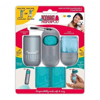 KONG Mini HandiPOD Interchangeable Starter Kit - ekskrementų maišelių rinkinys su dezinfekavimo priemone ir žibintuvėliu