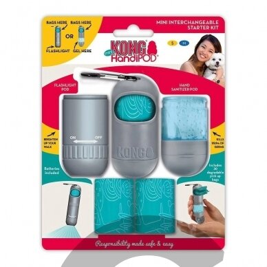 KONG Mini HandiPOD Interchangeable Starter Kit - ekskrementų maišelių rinkinys su dezinfekavimo priemone ir žibintuvėliu
