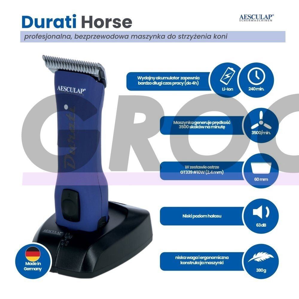 "Aesculap Durati Horse" - profesionali akumuliatorinė žirgų kirpimo mašinėlė su #10W galvutė (2,4 mm), mėlyna 6