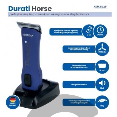 "Aesculap Durati Horse" - profesionali akumuliatorinė žirgų kirpimo mašinėlė su #10W galvutė (2,4 mm), mėlyna 6