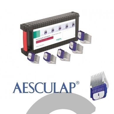 Aesculap Snap-On Combs Set - 5 vnt. profesionalių plieninių antgalių rinkinys su dėklu