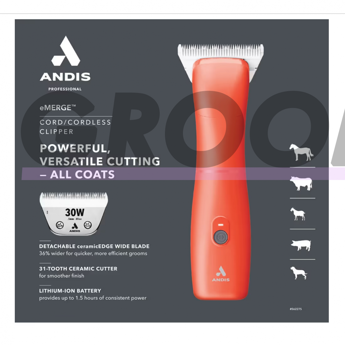 Andis eMERGE Clipper – profesionali vieno greičio kirpimo mašinėlė su integruotu akumuliatoriumi ir plačiu CeramicEdge nr. 30 (0,5 mm) peiliuku. 4 Andis eMERGE Clipper – profesionali vieno greičio kirpimo mašinėlė su integruotu akumuliatoriumi ir plačiu CeramicEdge nr. 30 (0,5 mm) peiliuku. 4