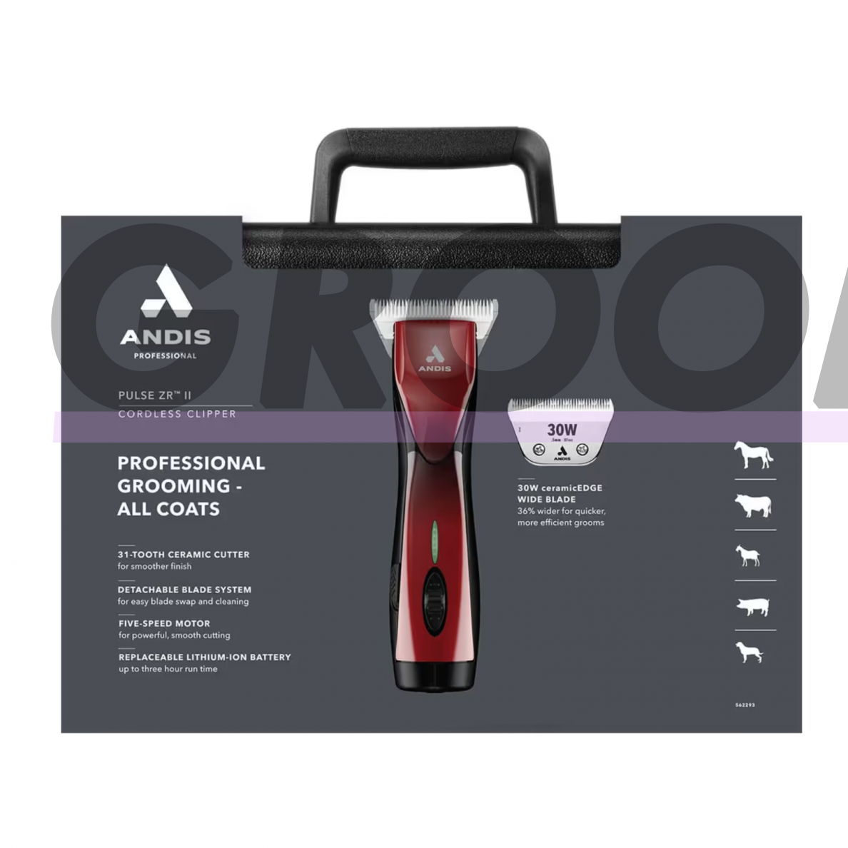 Andis Pulse ZR II Red – profesionali, belaidė kirpimo mašinėlė, turinti 5 greičius, 2 akumuliatorius ir platų CeramicEdge Nr. 30 (0,5 mm) galvutė 3