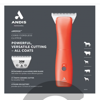 Andis eMERGE Clipper – profesionali vieno greičio kirpimo mašinėlė su integruotu akumuliatoriumi ir plačiu CeramicEdge nr. 30 (0,5 mm) peiliuku. 4 Andis eMERGE Clipper – profesionali vieno greičio kirpimo mašinėlė su integruotu akumuliatoriumi ir plačiu CeramicEdge nr. 30 (0,5 mm) peiliuku. 4