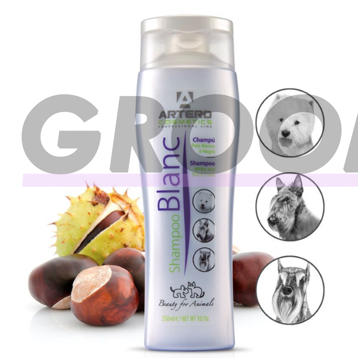 „Artero Blanc“ Shampoo - spalvą paryškinantis šampūnas šunims, skirtas baltam, juodam ir sidabriniam kailiui 2 „Artero Blanc“ Shampoo - spalvą paryškinantis šampūnas šunims, skirtas baltam, juodam ir sidabriniam kailiui 2
