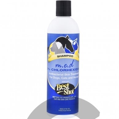 Best Shot M.E.D. Chlorhexidine Shampoo 3% - antibakterinis, terapinis šampūnas gyvūnams, turintiems odos problemų -355ml Best Shot M.E.D. Chlorhexidine Shampoo 3% - antibakterinis, terapinis šampūnas gyvūnams, turintiems odos problemų -355ml