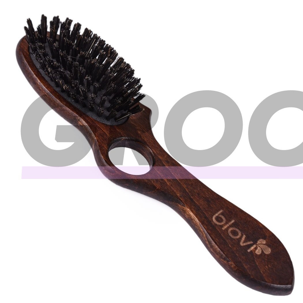 Blovi Brown Wood Brush 21cm - маленькая деревянная щетка с натуральной щетиной и отверстием для пальца, для пород с короткой и/или тонкой шерстью