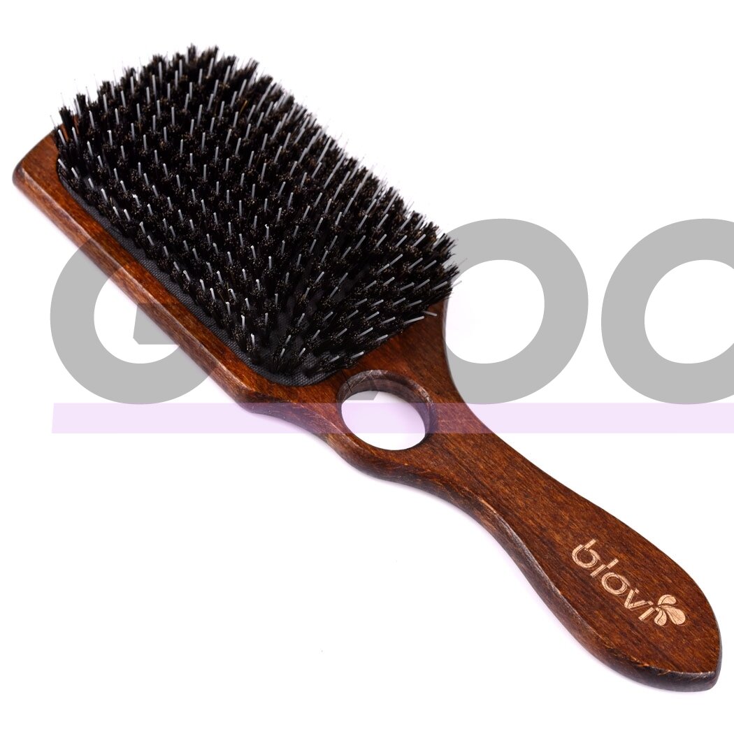 Blovi Brown Wood Brush 26cm - extra duża, drewniana szczotka z włosiem naturalnym, rozczesywaczem i otworem na palec, dla ras długowłosych Blovi Brown Wood Brush 26cm - extra duża, drewniana szczotka z włosiem naturalnym, rozczesywaczem i otworem na palec, dla ras długowłosych