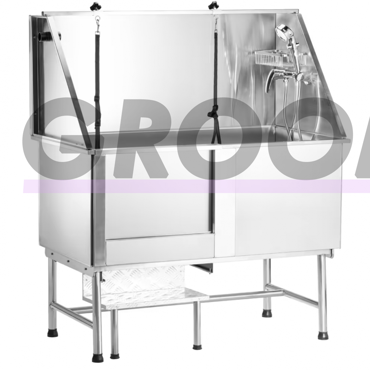 Blovi Free Standing Stainless Bath - Профессиональная груминговая ванна с лестницей и раздвижными дверцами слева 1