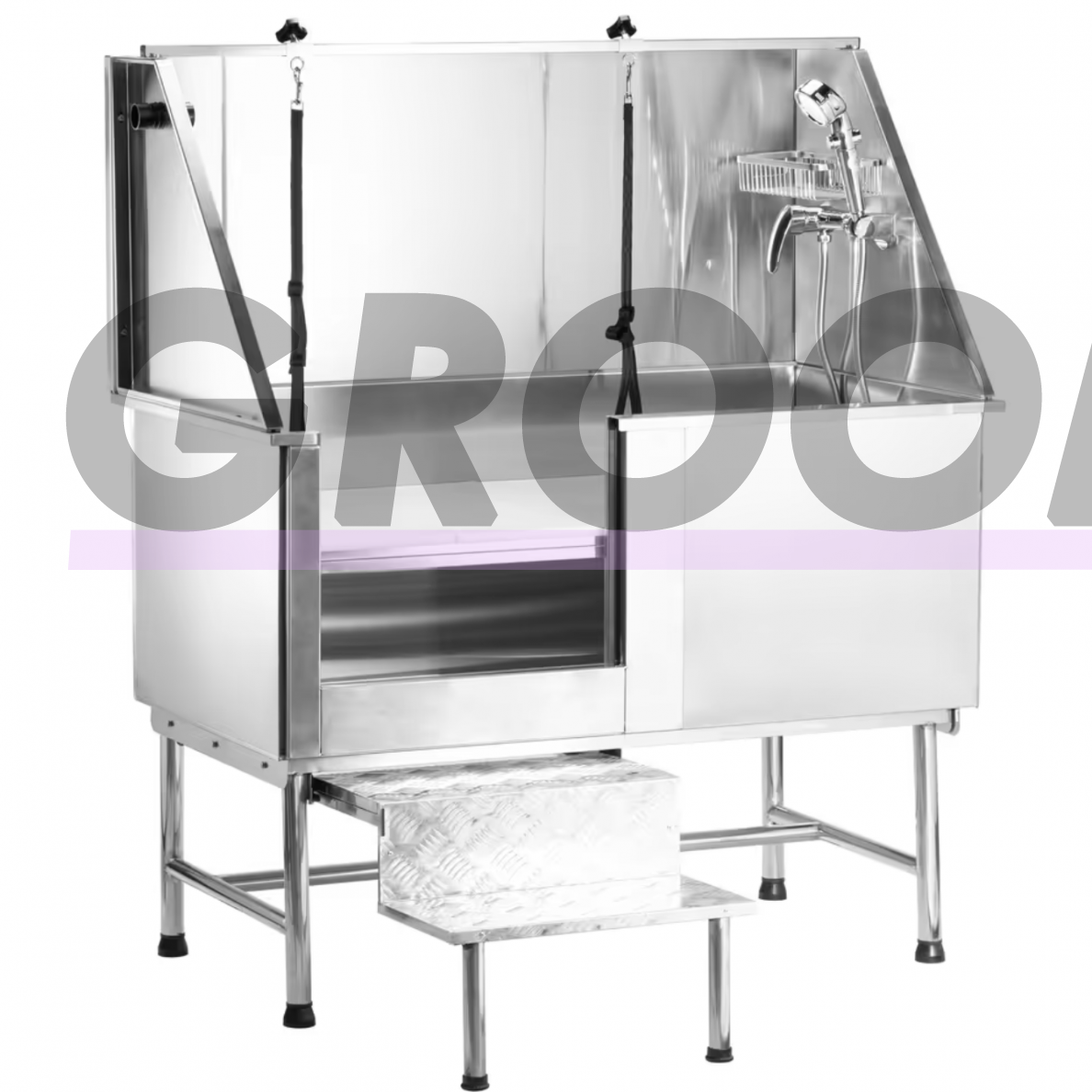Blovi Free Standing Stainless Bath - Профессиональная груминговая ванна с лестницей и раздвижными дверцами слева