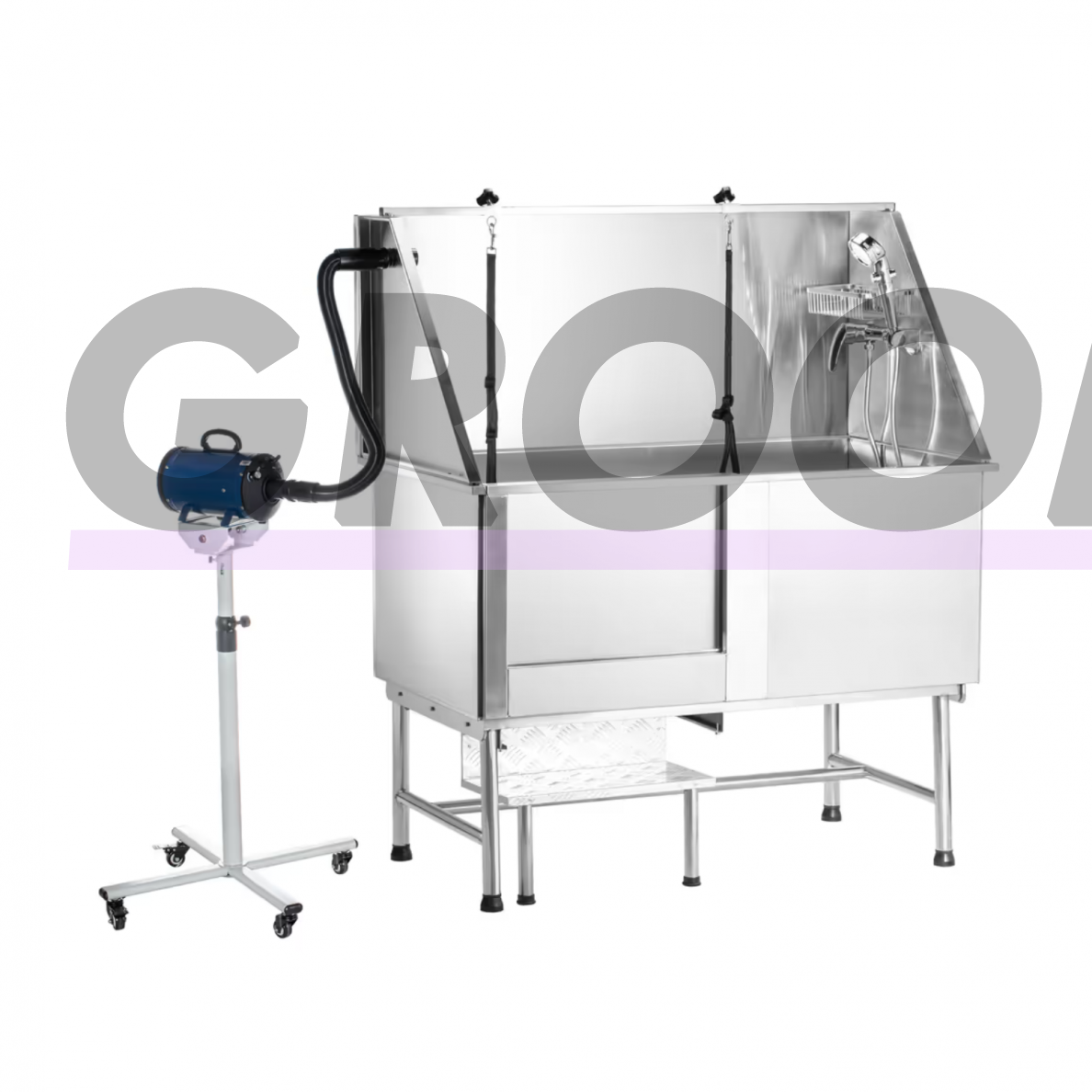 Blovi Free Standing Stainless Bath - Профессиональная груминговая ванна с лестницей и раздвижными дверцами слева 2