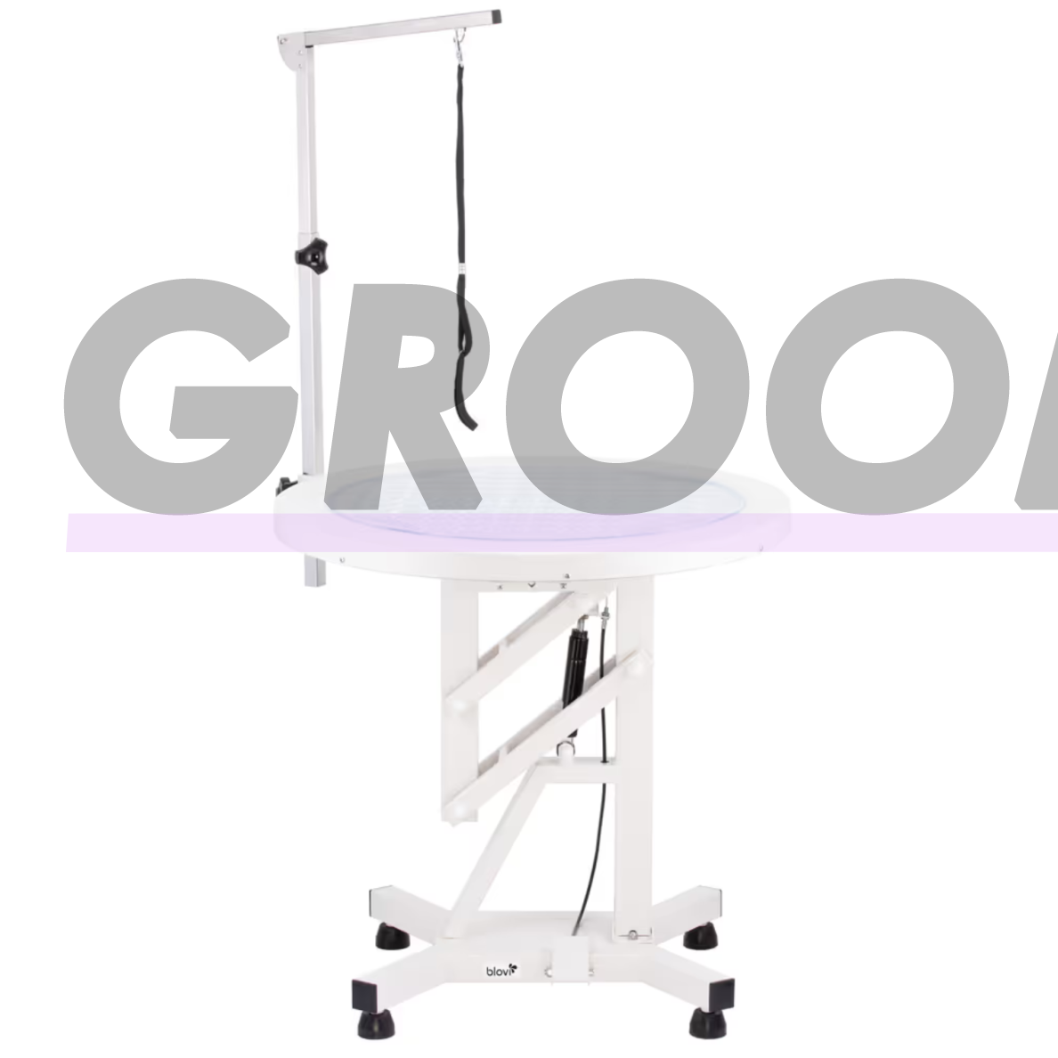 „Blovi Luce Air Lift LED Grooming Table“ – kirpimo stalas su apšviestu 70 cm pasukamu stalviršiu ir pneumatiniu keltuvu.