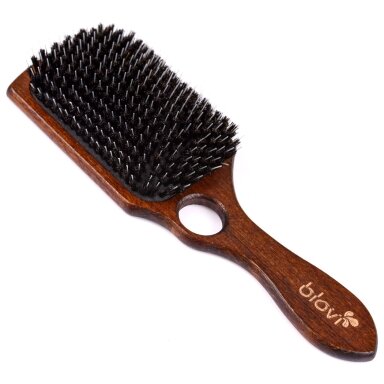 Blovi Brown Wood Brush 26cm - extra duża, drewniana szczotka z włosiem naturalnym, rozczesywaczem i otworem na palec, dla ras długowłosych Blovi Brown Wood Brush 26cm - extra duża, drewniana szczotka z włosiem naturalnym, rozczesywaczem i otworem na palec, dla ras długowłosych