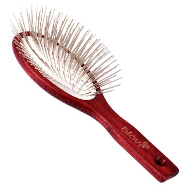 "Blovi Red Wood Pin Brush" - didelis, minkštas ir medinis šepetys su ilgais 30 mm metaliniais smeigtukais