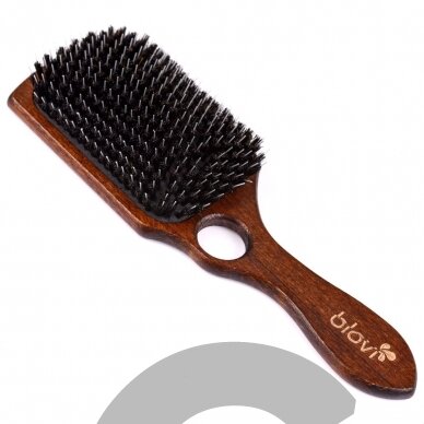 Blovi Brown Wood Brush 26cm - extra duża, drewniana szczotka z włosiem naturalnym, rozczesywaczem i otworem na palec, dla ras długowłosych Blovi Brown Wood Brush 26cm - extra duża, drewniana szczotka z włosiem naturalnym, rozczesywaczem i otworem na palec, dla ras długowłosych