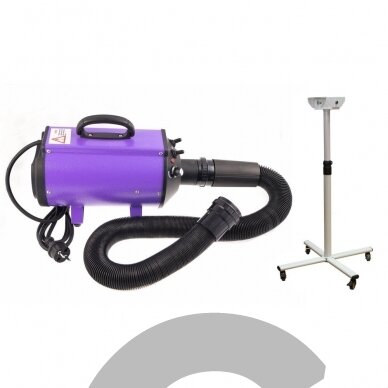 „Blovi DoubleBlaster“ 2200 W – kirpėjų džiovintuvas ant stovo, su sklandžiu oro srauto reguliavimu ir dviejų pakopų kaitinimo elementu, violetinės spalvos.