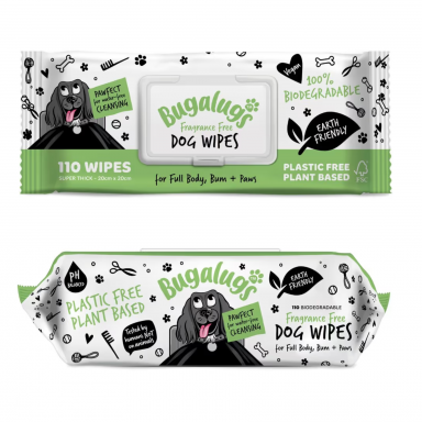 Bugalugs Fragrance Free dog Wipes 110 vnt. - Biologiškai suyrančios drėgnos servetėlės šunims be kvapiklių.