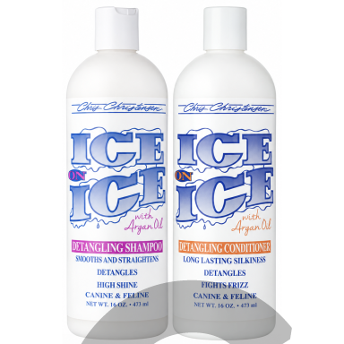 Chris Christensen Ice on Ice Detangling – drėkinamojo ir glotninamojo šampūno bei kondicionieriaus rinkinys su argano aliejumi sausam ir pažeistam kailiui.