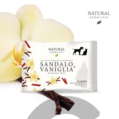 Drėgnos servetėlės šunims ir katėms kailio higienai su sandalmedžio ir vanilės aromatu - 35vnt