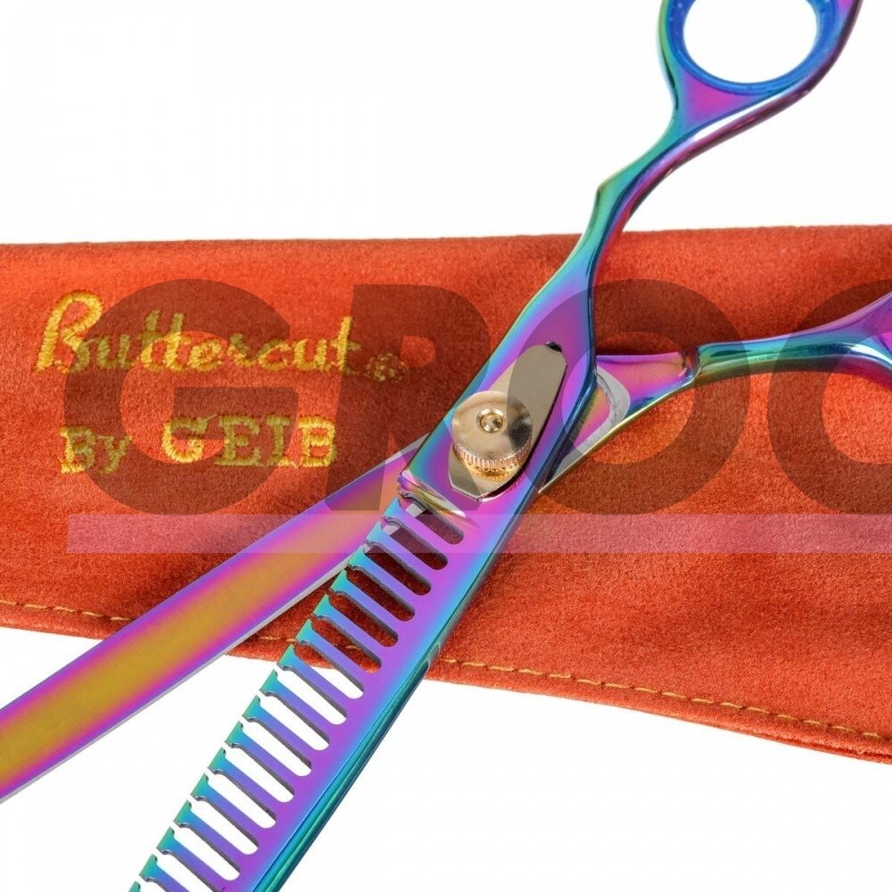 Geib Gold Rainbow Kiss Chunker 8.5 "- aukštos kokybės filiravimo žirklės su vaivorykštės apdaila, 26 dantukai. 2 Geib Gold Rainbow Kiss Chunker 8.5 "- aukštos kokybės filiravimo žirklės su vaivorykštės apdaila, 26 dantukai. 2