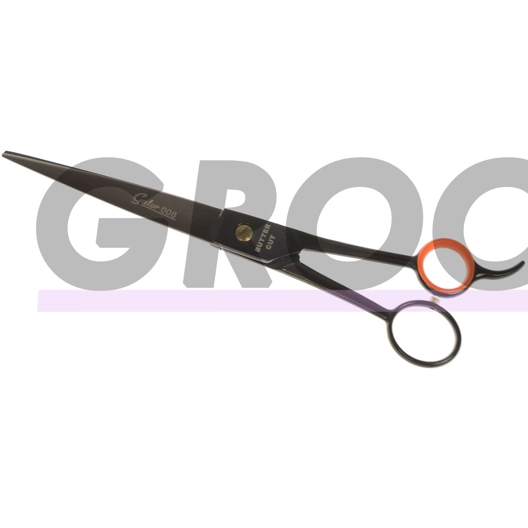 Tiesios žirklės „Geib Gator 008“ - profesionalios japoniškos nerūdijančio plieno žirklės su juoda apdaila - Dydis: 7,5". Tiesios žirklės „Geib Gator 008“ - profesionalios japoniškos nerūdijančio plieno žirklės su juoda apdaila - Dydis: 7,5".