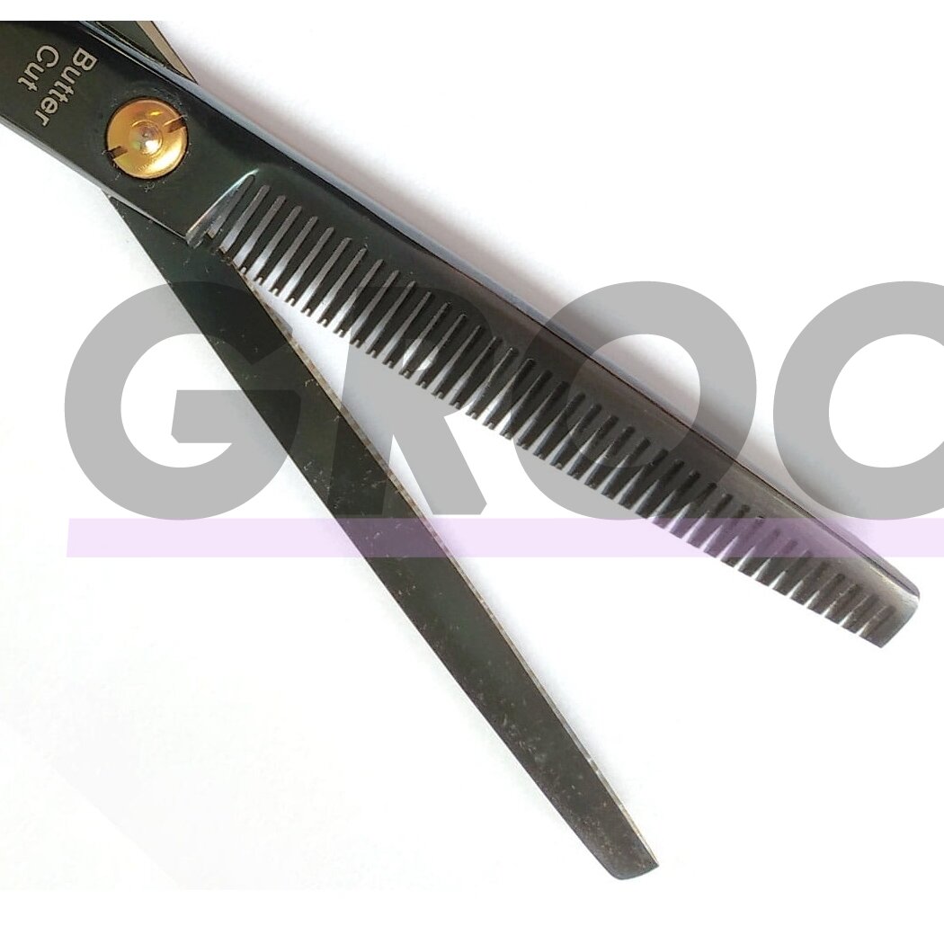 Geib Gator 008 Thinning 6,5 "- profesionalios vienpusės japoniško nerūdijančio plieno filiravimo žirklės su juoda apdaila, 40 dantukų. 1 Geib Gator 008 Thinning 6,5 "- profesionalios vienpusės japoniško nerūdijančio plieno filiravimo žirklės su juoda apdaila, 40 dantukų. 1