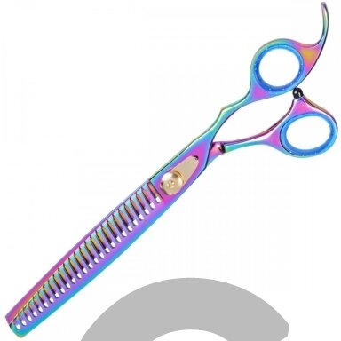 Geib Gold Rainbow Kiss Chunker 8.5 "- aukštos kokybės filiravimo žirklės su vaivorykštės apdaila, 26 dantukai. Geib Gold Rainbow Kiss Chunker 8.5 "- aukštos kokybės filiravimo žirklės su vaivorykštės apdaila, 26 dantukai.