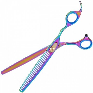 Geib Gold Rainbow Kiss Chunker 8.5 "- aukštos kokybės filiravimo žirklės su vaivorykštės apdaila, 26 dantukai. Geib Gold Rainbow Kiss Chunker 8.5 "- aukštos kokybės filiravimo žirklės su vaivorykštės apdaila, 26 dantukai.