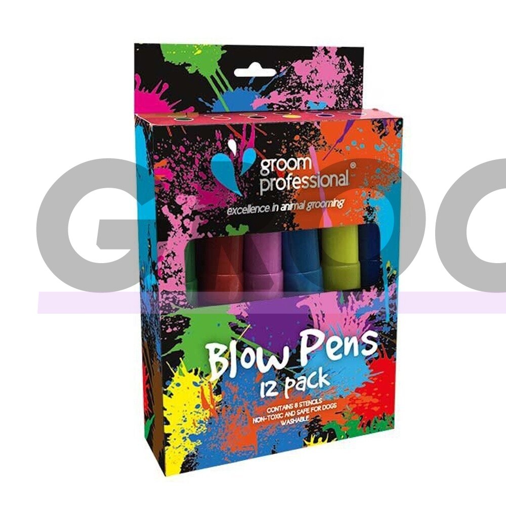 Groom Professional Creative Blow Pen 12 vienetų - gyvūnų kailio dažymo rašikliai (flomasteriai) + trafaretų rinkinys Groom Professional Creative Blow Pen 12 vienetų - gyvūnų kailio dažymo rašikliai (flomasteriai) + trafaretų rinkinys