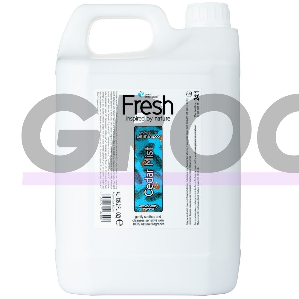 "Groom Professional Fresh Cedar Mist Shampoo" - šampūnas jautriai šunų odai, koncentratas 1:24 - 4L "Groom Professional Fresh Cedar Mist Shampoo" - šampūnas jautriai šunų odai, koncentratas 1:24 - 4L