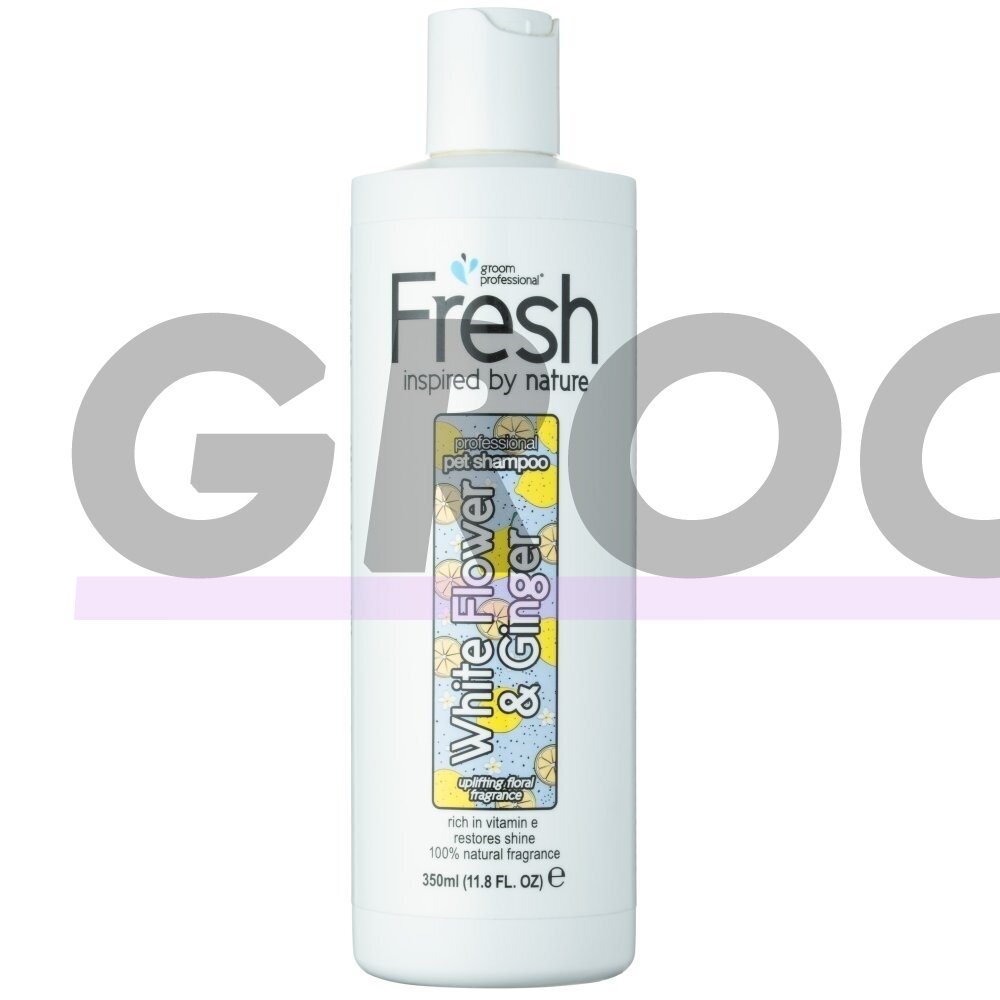 "Groom Professional White Flower & Ginger Shampoo" - regeneruojantis šampūnas šunims su imbieru ir pievinėmis putomis, koncentratas 1:24 - 350ml.