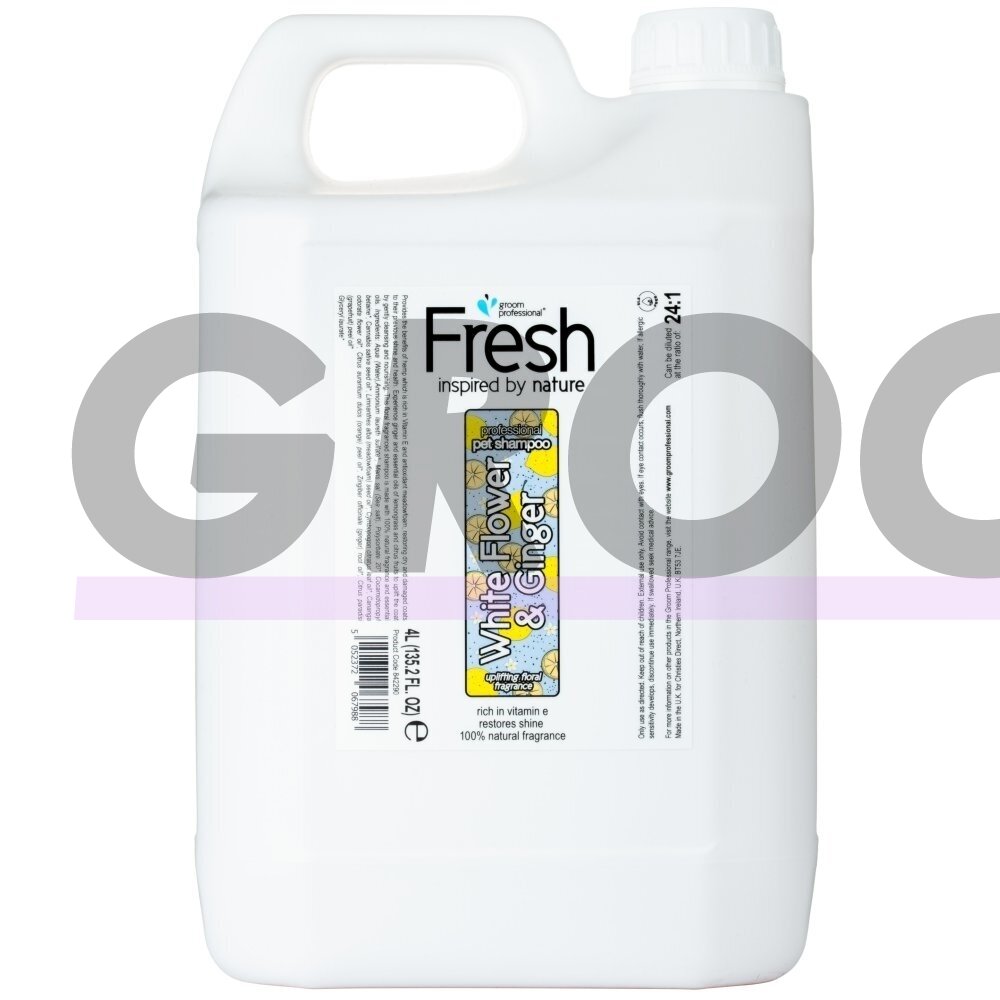 "Groom Professional White Flower & Ginger Shampoo" - regeneruojantis šampūnas šunims su imbieru ir pievinėmis putomis, koncentratas 1:24-4L