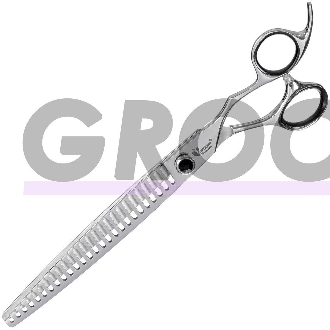 „Groom Professional Artesan Chomper“ išgaubtos 8" žirklės- vienpusės filiravimo žirklės su išgaubtais ašmenimis ir prizminiu pjūviu ant kiekvieno dantuko.