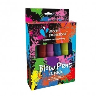 Groom Professional Creative Blow Pen 12 vienetų - gyvūnų kailio dažymo rašikliai (flomasteriai) + trafaretų rinkinys
