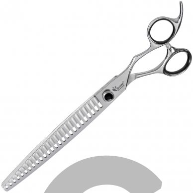 „Groom Professional Artesan Chomper“ išgaubtos 8" žirklės- vienpusės filiravimo žirklės su išgaubtais ašmenimis ir prizminiu pjūviu ant kiekvieno dantuko.