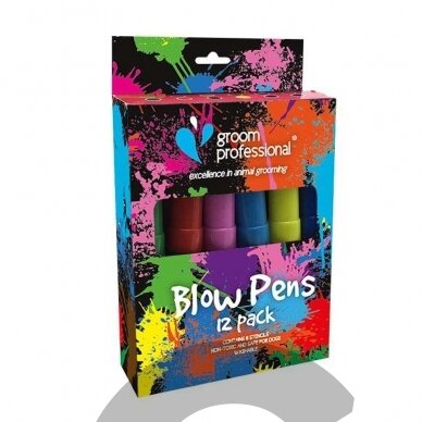 Groom Professional Creative Blow Pen 12 vienetų - gyvūnų kailio dažymo rašikliai (flomasteriai) + trafaretų rinkinys Groom Professional Creative Blow Pen 12 vienetų - gyvūnų kailio dažymo rašikliai (flomasteriai) + trafaretų rinkinys