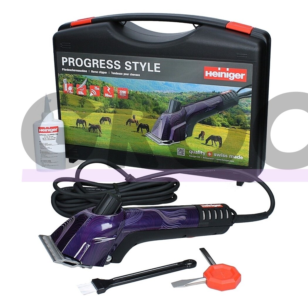 Heiniger Progress Style 80W Tvirta, profesionali  žirgų ir galvijų kirpimo mašinėlė, naujos konstrukcijos ir su 31/15  kirpim galvute rinkiniu, violetinė