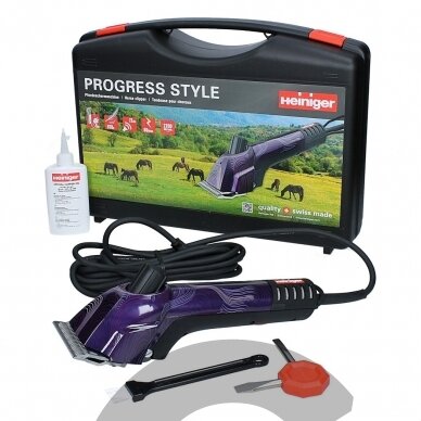 Heiniger Progress Style 80W Tvirta, profesionali žirgų ir galvijų kirpimo mašinėlė, naujos konstrukcijos ir su 31/15 kirpim galvute rinkiniu, violetinė Heiniger Progress Style 80W Tvirta, profesionali žirgų ir galvijų kirpimo mašinėlė, naujos konstrukcijos ir su 31/15 kirpim galvute rinkiniu, violetinė