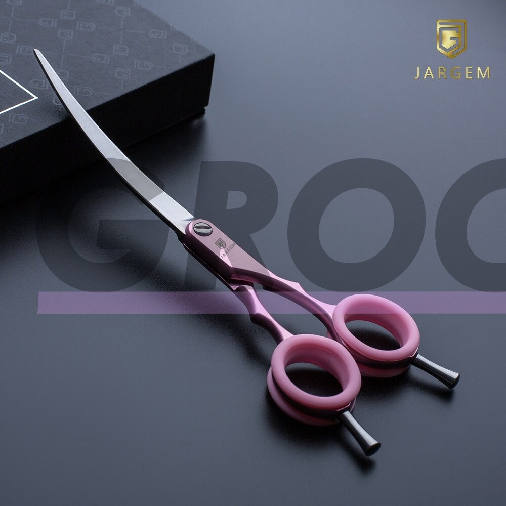Jargem Asian Style Light Curved Scissors 6,5" - labai lengvos, lenktos žirklės su spalvotais žiedais, korėjietiško stiliaus kirpimui - Spalva: Rožinė