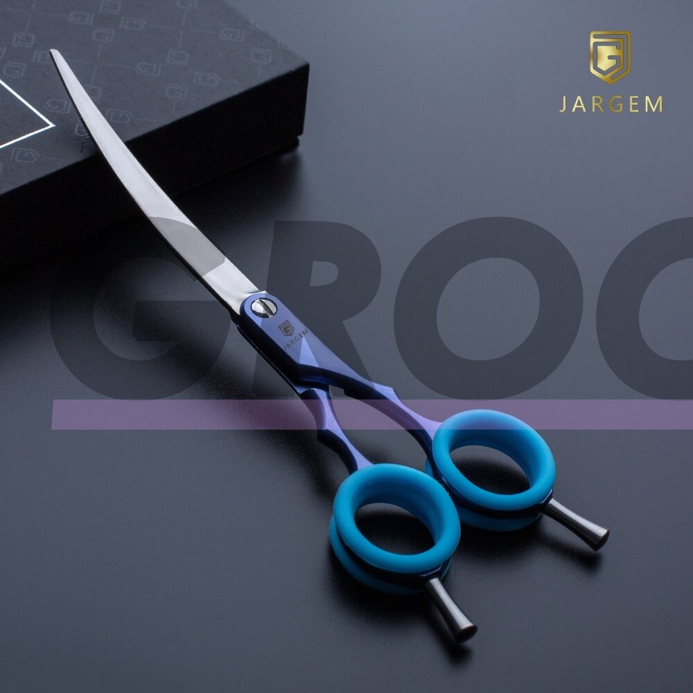 Jargem Asian Style Light Curved Scissors 6,5" - labai lengvos, lenktos žirklės su spalvotais žiedais, korėjietiško stiliaus kirpimui - Spalva: Mėlyna