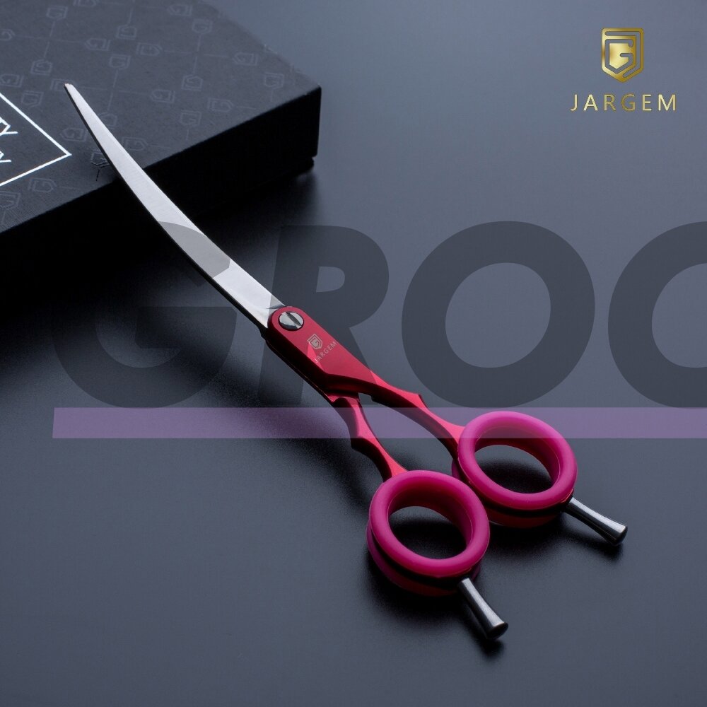 Jargem Asian Style Light Curved Scissors 6,5" - labai lengvos, lenktos žirklės su spalvotais žiedais, korėjietiško stiliaus kirpimui - Spalva: Raudona