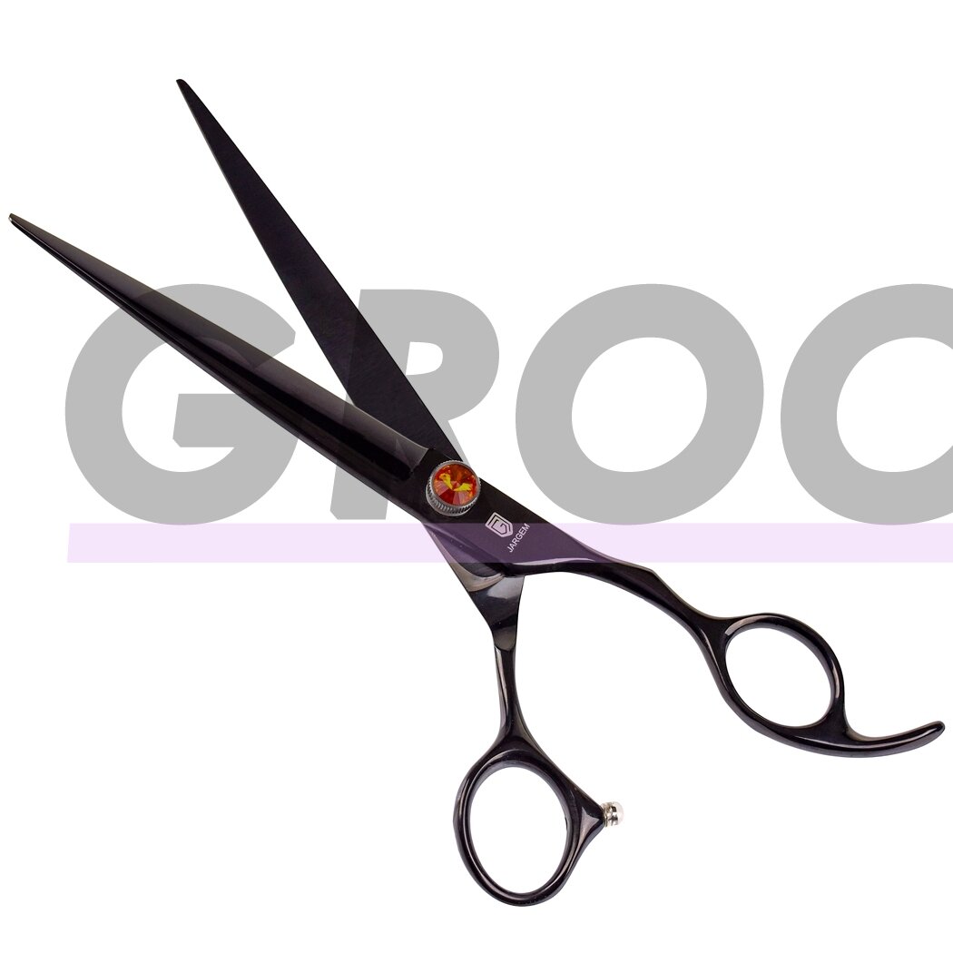Jargem Black Straight Scissors 7,5" – tiesios priežiūros žirklės su ergonomiška rankena, dekoratyviniu varžtu ir juoda danga Jargem Black Straight Scissors 7,5" – tiesios priežiūros žirklės su ergonomiška rankena, dekoratyviniu varžtu ir juoda danga