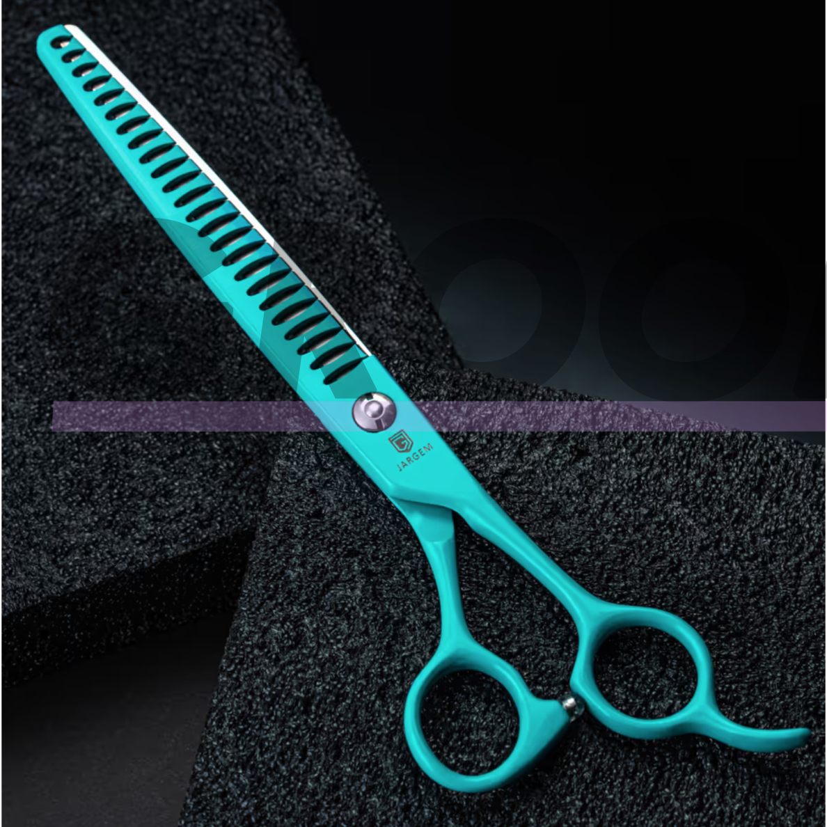 Jargem Grooming Cyan Chunkers 7,5" – filiravimo žirklės su turkio spalvos danga, vienpusės, 24 dantukai. 2