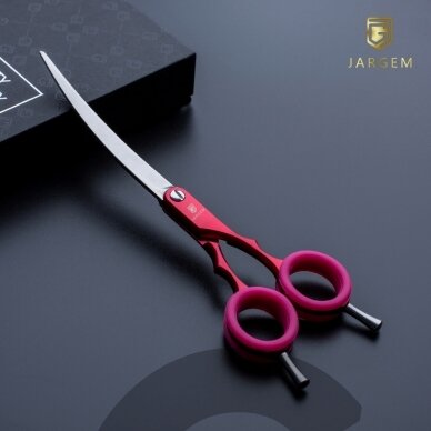 Jargem Asian Style Light Curved Scissors 6,5" - labai lengvos, lenktos žirklės su spalvotais žiedais, korėjietiško stiliaus kirpimui - Spalva: Raudona