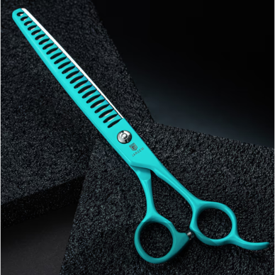 Jargem Grooming Cyan Chunkers 7,5" – filiravimo žirklės su turkio spalvos danga, vienpusės, 24 dantukai. 2