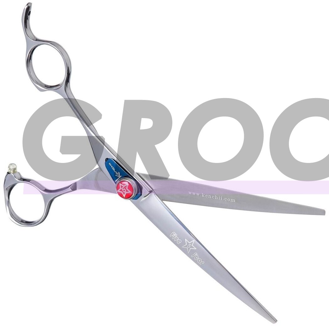 „Kenchii Five Star Left Curved Scissor 7“- aukščiausios kokybės, profesionalios išlenktos žirklės kairiarankiams. 1