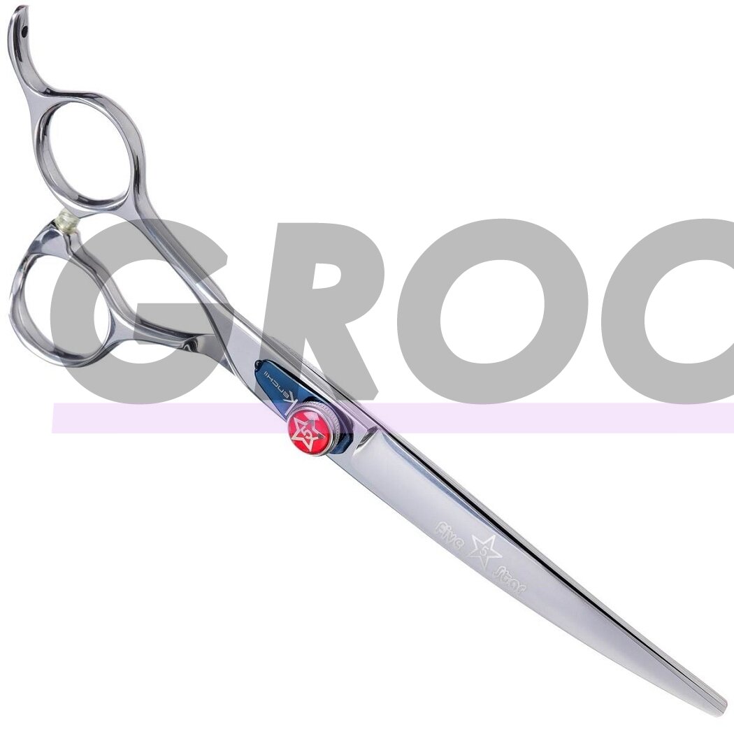 „Kenchii Five Star Left Curved Scissor 7“- aukščiausios kokybės, profesionalios išlenktos žirklės kairiarankiams.