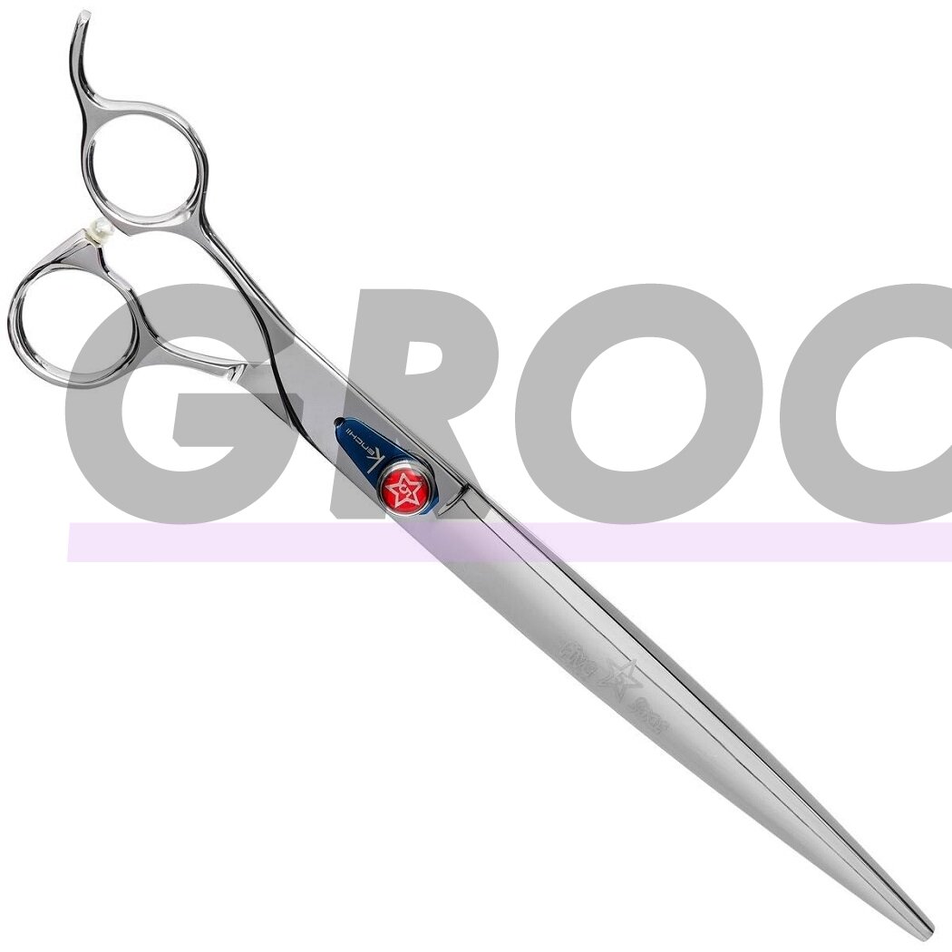 „Kenchii Five Star Offset Scissor Scissor 9“- aukščiausios kokybės profesionalios tiesios žirklės. „Kenchii Five Star Offset Scissor Scissor 9“- aukščiausios kokybės profesionalios tiesios žirklės.