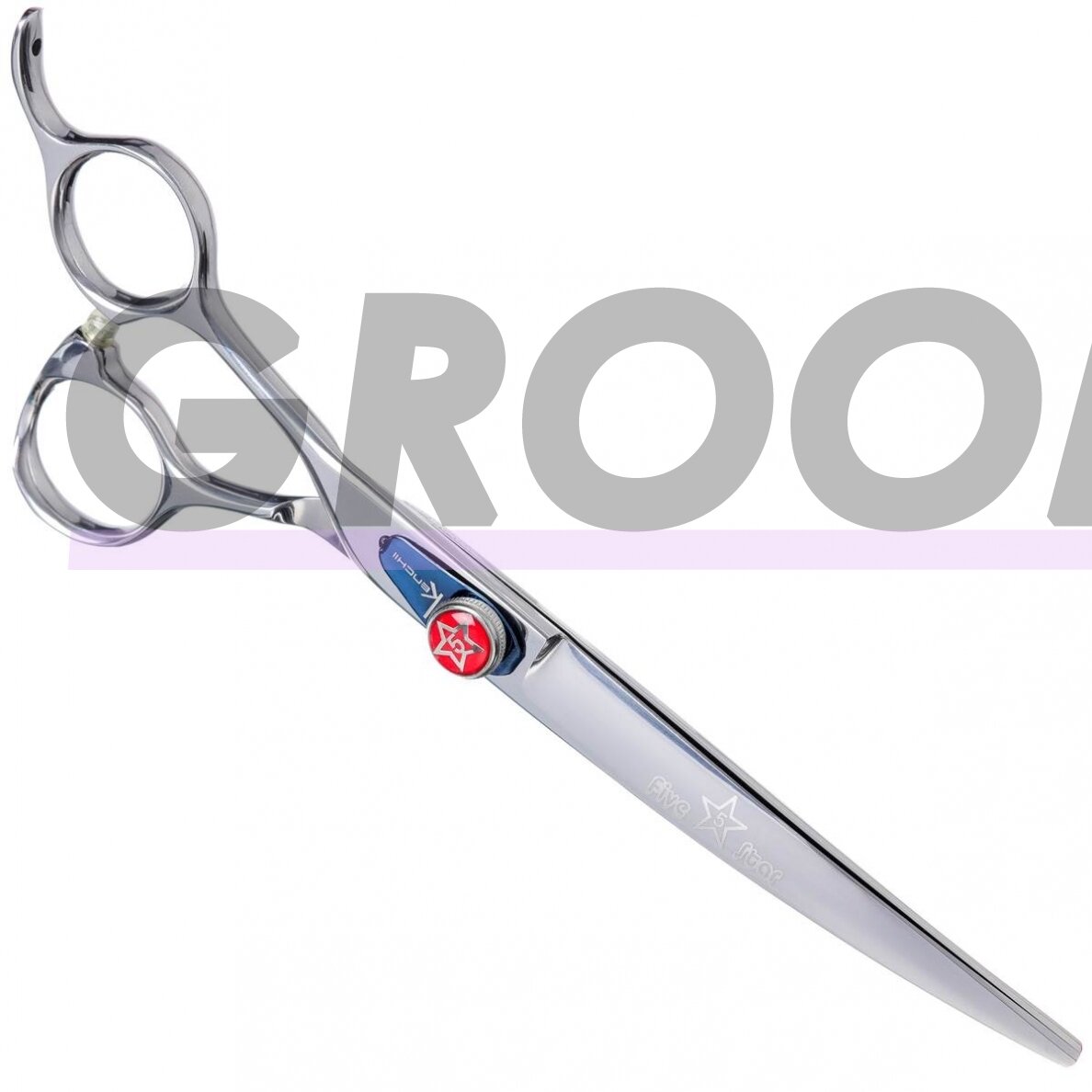 „Kenchii Five Star Left Curved Scissor 8“- aukščiausios kokybės, profesionaliai lenktos žirklės kairiarankiams.